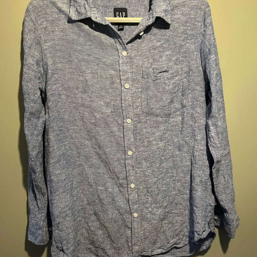 Gap Shirt Men Medium Blue Linen Blend Long Sleeve Pocket Preppy Casual